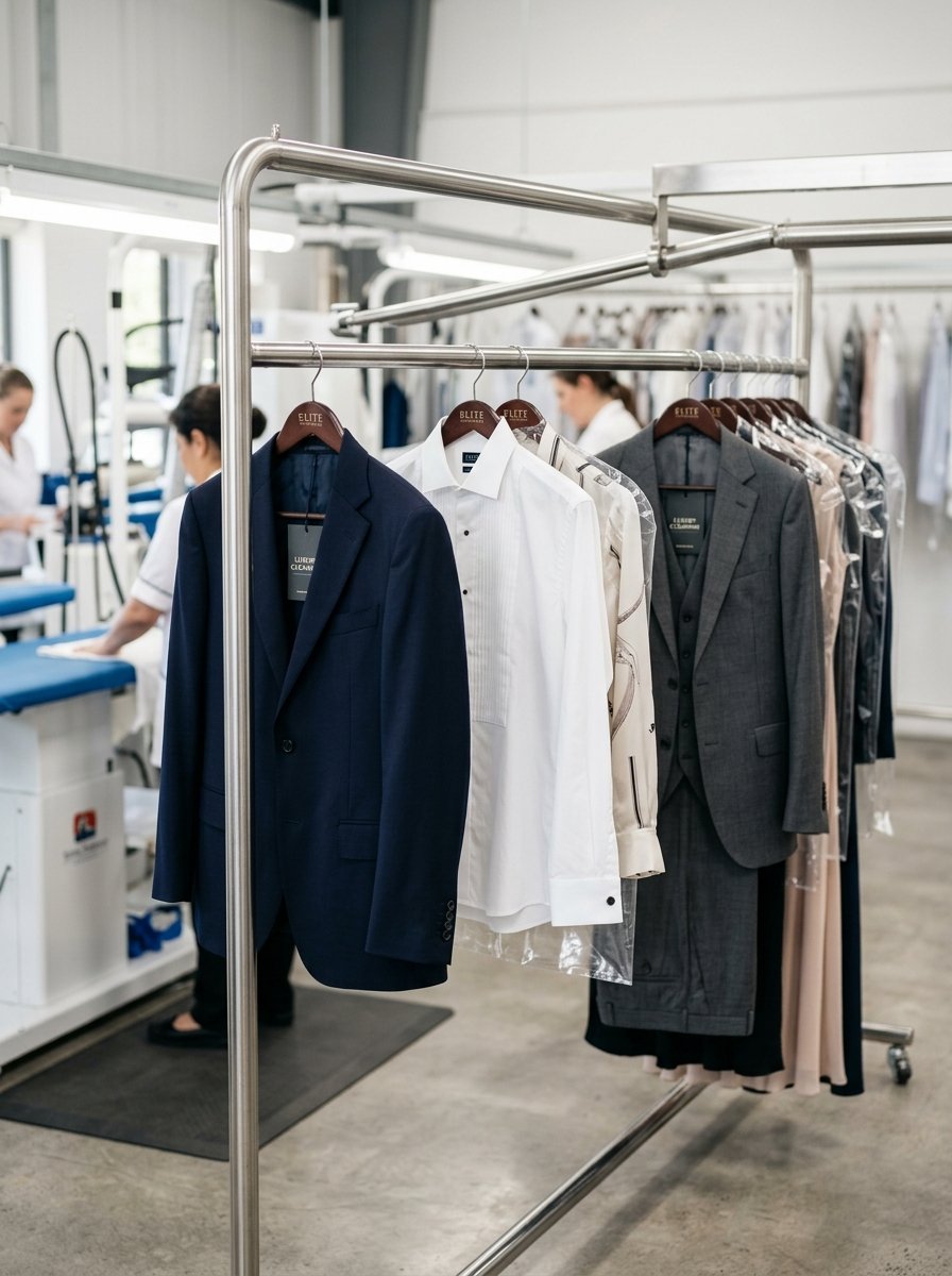 Dry-cleaned garments finished and hung ready for collection