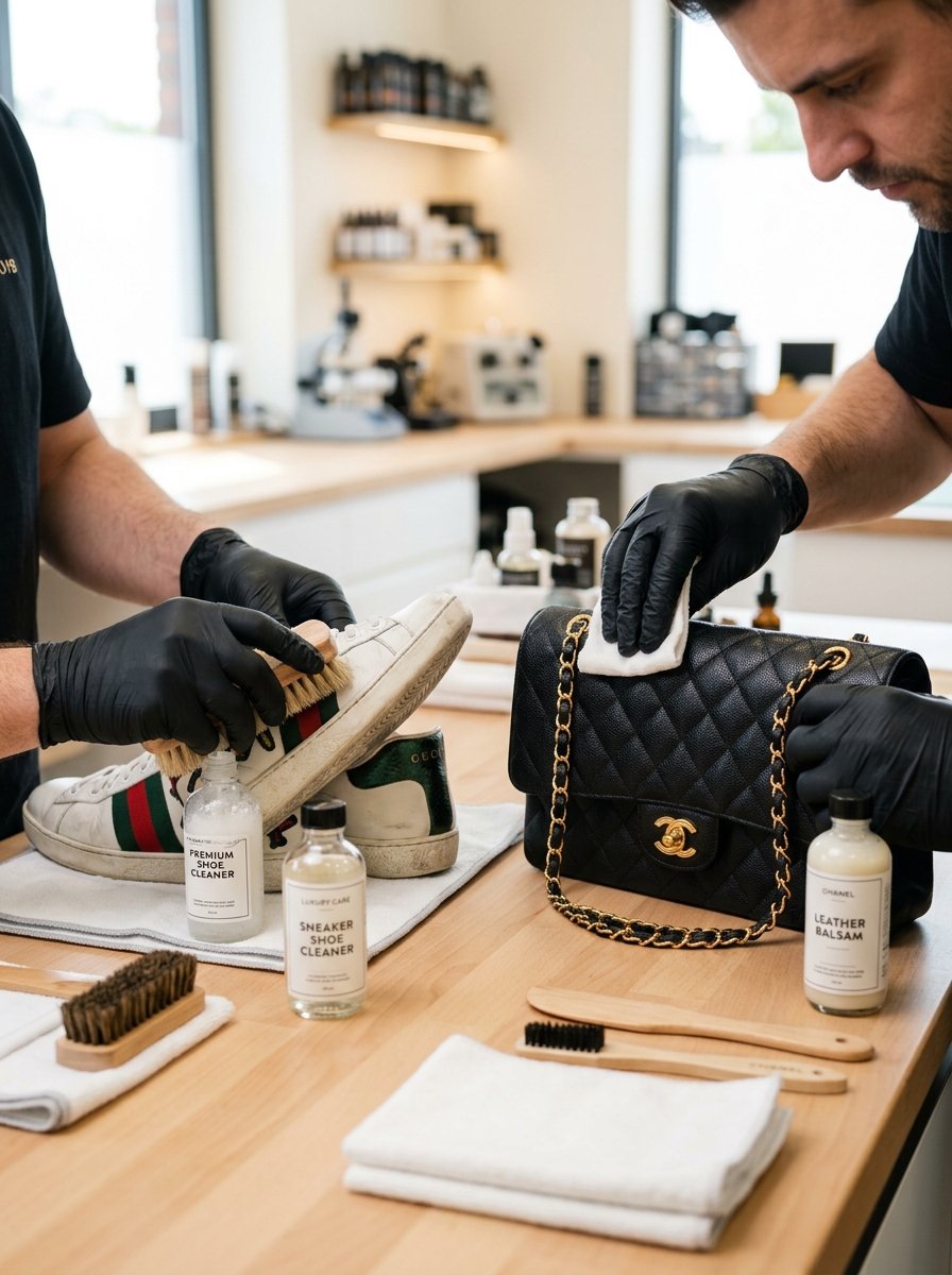 Gloved hands cleaning an item by hand at the specialist bench