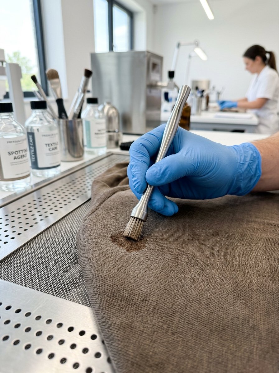 A technician applying stain treatment before the main wash